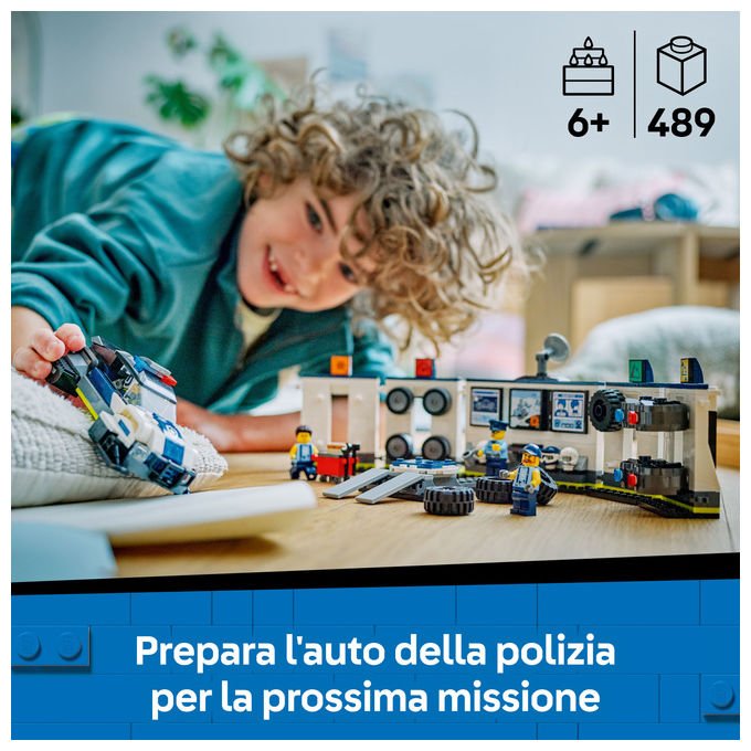 Lego city officina delle auto della polizia 60457, 489 pezzi, 4 minifigure, garage modulare, eta' 6+