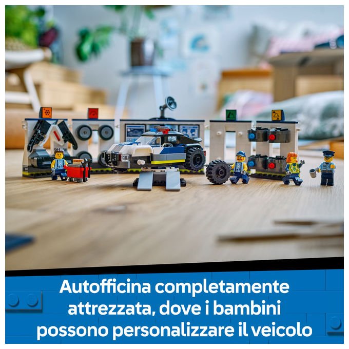Lego city officina delle auto della polizia 60457, 489 pezzi, 4 minifigure, garage modulare, eta' 6+