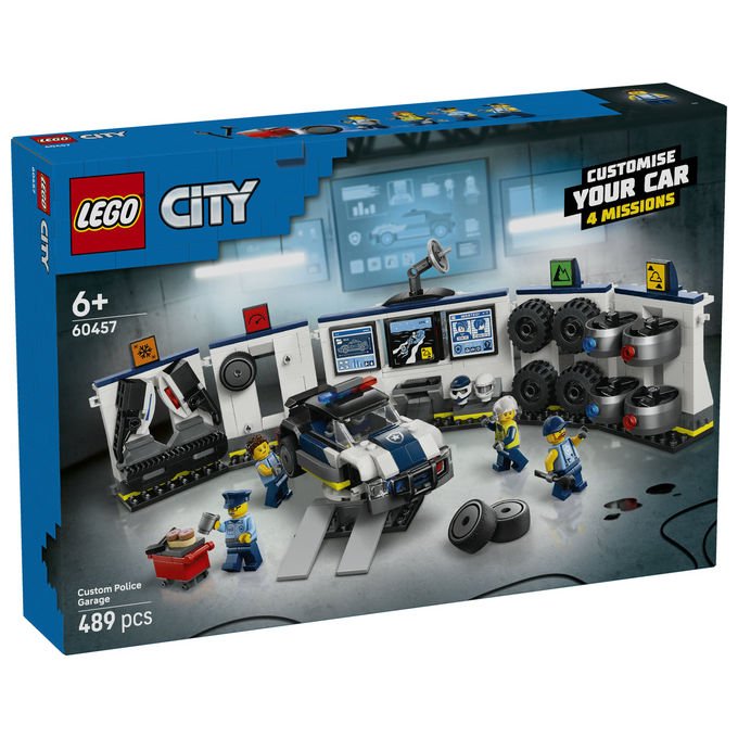 Lego city officina delle auto della polizia 60457, 489 pezzi, 4 minifigure, garage modulare, eta' 6+