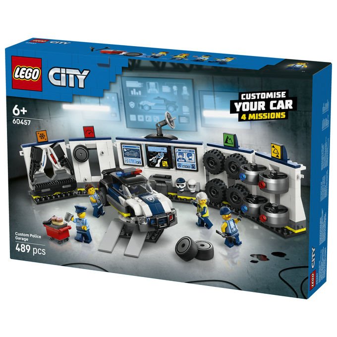Lego city officina delle auto della polizia 60457, 489 pezzi, 4 minifigure, garage modulare, eta' 6+