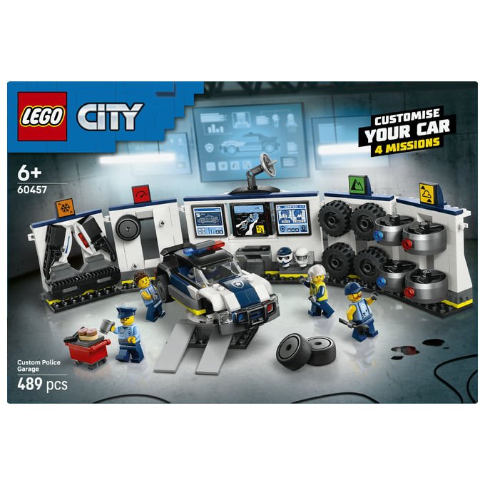 Lego city officina delle auto della polizia 60457, 489 pezzi, 4 minifigure, garage modulare, eta' 6+