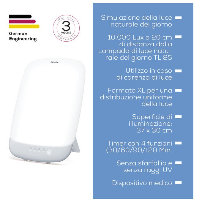 Beurer TL85 Lampada Antidepressiva 12.000 lux Timer Funzione Memoria LED UV-free colore Bianco