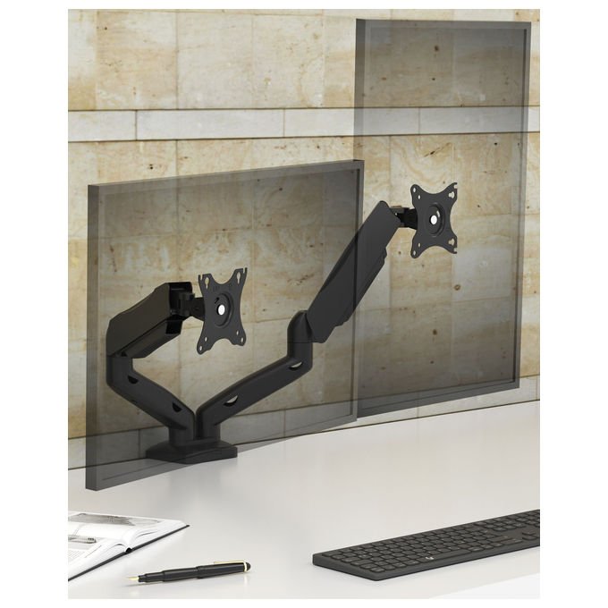 ICY BOX IB-MS204-T Supporto da Scrivania per Doppio Monitor fino a 32'' con Regolazione Altezza e Movimento Swivel e Tilt VESA 75x75 100x100 mm colore Grigio Argento