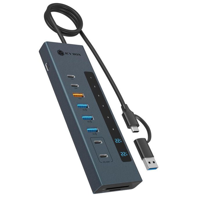 Icy Box IB-HUB1742CR-C2PD Hub USB 11 in 1 con Lettore di Schede USB 3.2 Gen 2 2x USB-C 3x USB-A Alimentazione 24V-3A colore Nero