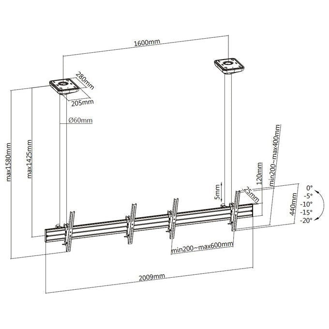 Equip 650373 Supporto a Soffitto per 2 TV 45'' 55'' Inclinabile VESA 600x400 50 Kg colore Nero Argento