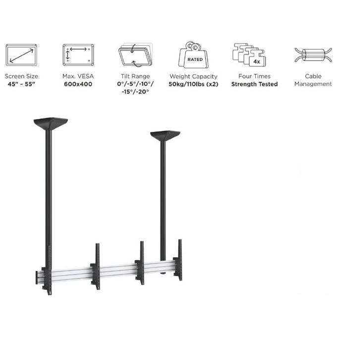 Equip 650373 Supporto a Soffitto per 2 TV 45'' 55'' Inclinabile VESA 600x400 50 Kg colore Nero Argento