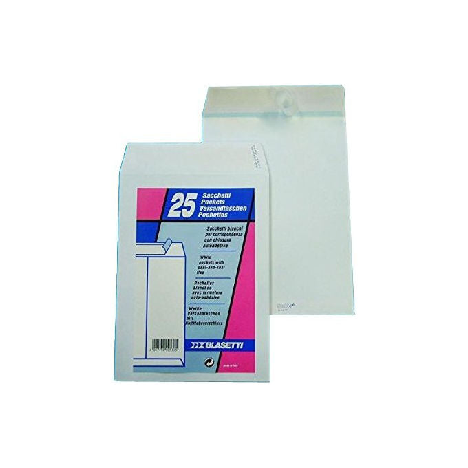 Blasetti Confezione 25 Buste a Sacco Bianche 19x26cm con Strip Autoadesivo