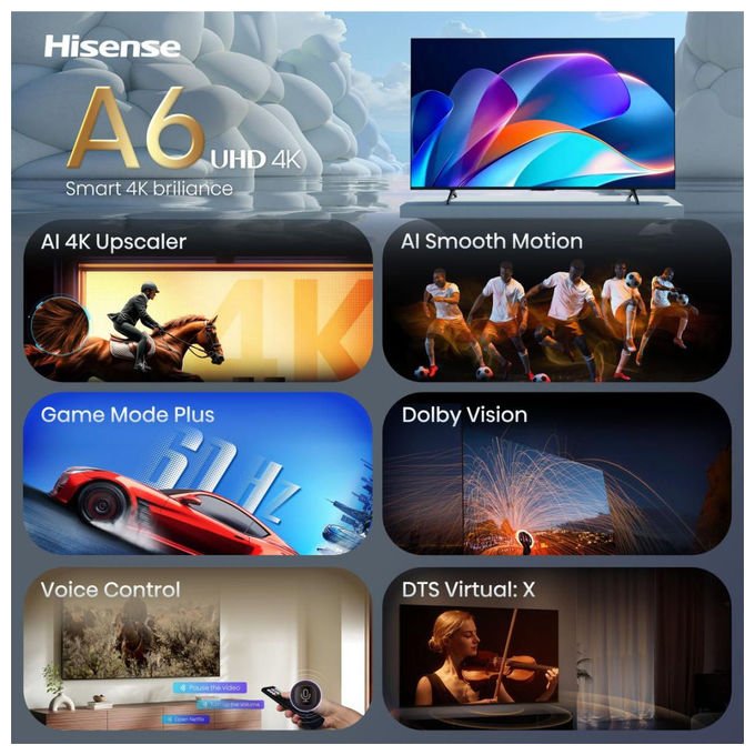 Hisense 65A6S Smart TV LED 65'' UHD 4K VIDAA U9.5 Dolby Vision HDR10+ HDMI 2.1 VRR colore Nero