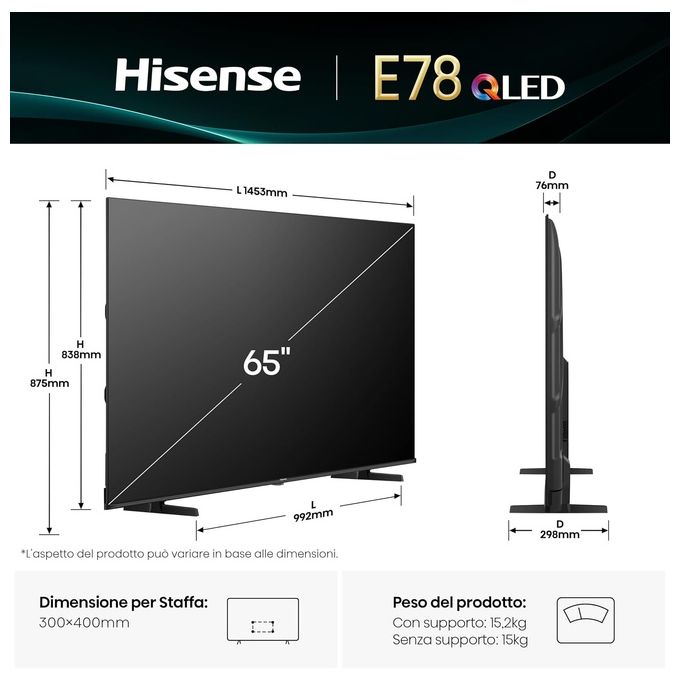 Hisense 65E78Q Smart TV QLED 4K 65'' VIDAA U8 Dolby Vision HDR10+ Dolby Atmos Game Mode Plus colore Nero