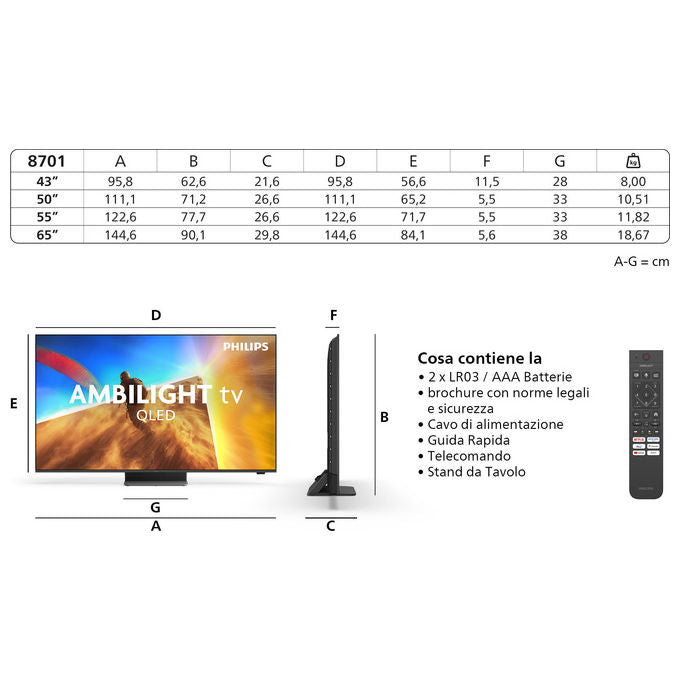 Philips 65PQS8701-12 Ambilight TV 65PQS8701 Smart TV 4K UHD QLED 65'' Dolby Atmos Titan OS colore Nero