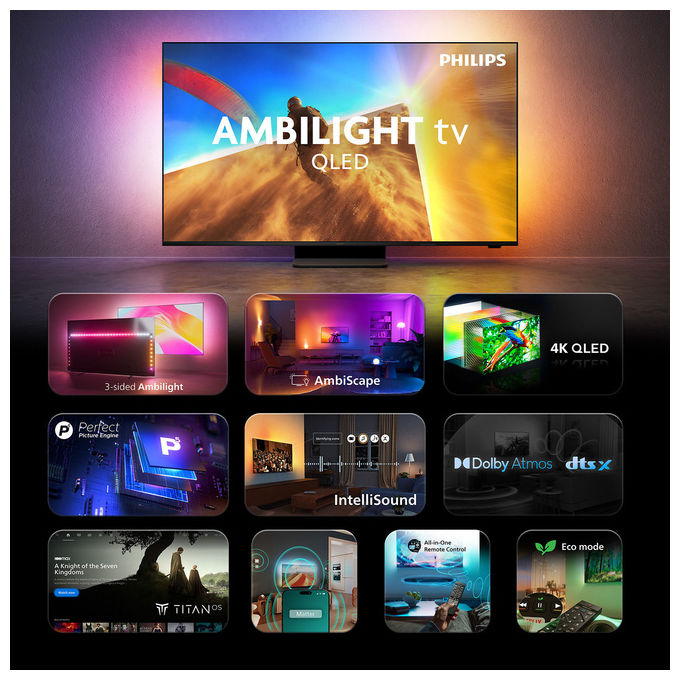 Philips 65PQS8701-12 Ambilight TV 65PQS8701 Smart TV 4K UHD QLED 65'' Dolby Atmos Titan OS colore Nero