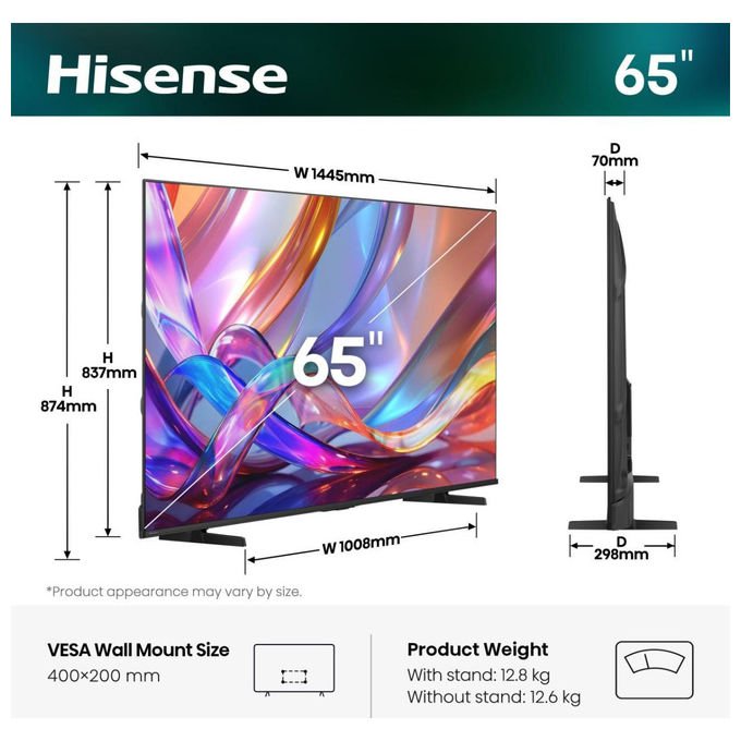 Hisense 65Q7S QLED Smart TV 65'' 4K Dolby Vision IQ HDR10+ VIDAA OS Dolby Atmos colore Nero