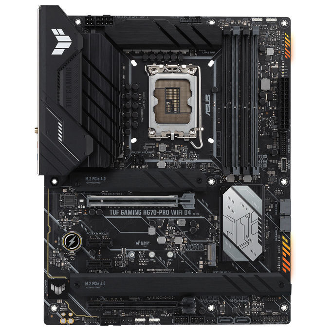 ASUS TUF Gaming H670-PRO WiFi D4 Scheda Madre ATX, Intel H670, LGA1700, DDR4, PCI 5.0, Intel 2.5Gb Ethernet, WiFi 6, Realtek 7.1 Surround, 4xM.2, 4xSATA 6GB-s, USB 3.2 Gen 2x2, Armoury Crate, Nero