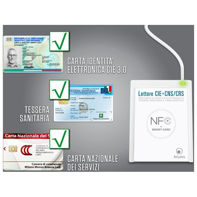 Atlantis Lettore CIE 3.0 SPID, Windows 10 11, Bianco, NFC USB