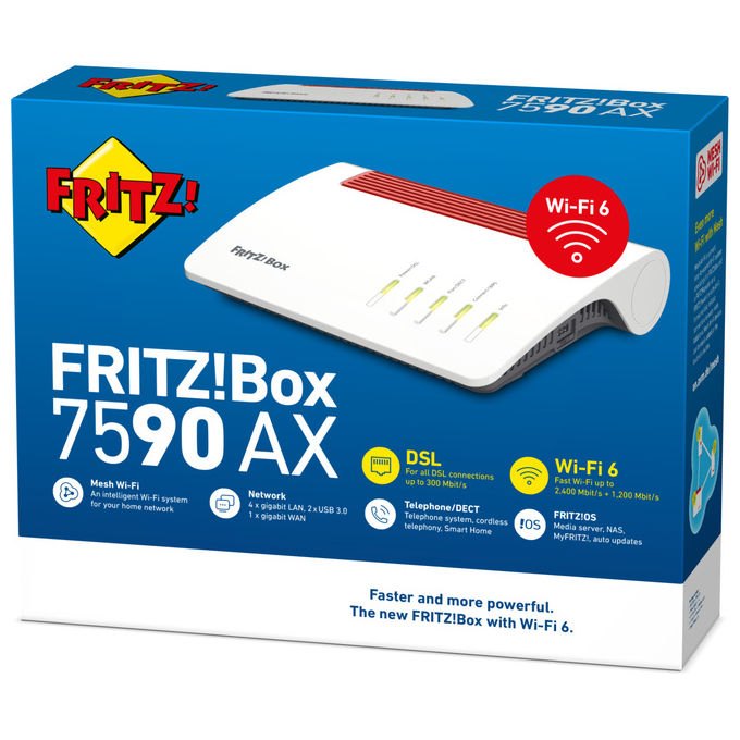 Fritz! Box 7590 AX Router Wi-Fi 6 Dual-band 2400 Mbit-s 4 Porte Gigabit Bianco