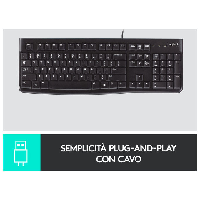 Logitech K120 Tastiera USB Cablata Full-size QWERTY Italiano Nero per Windows-Linux