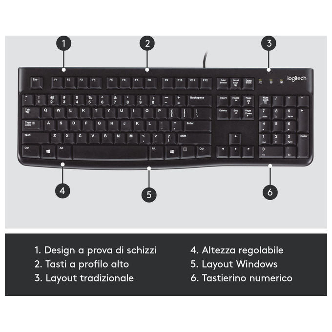 Logitech K120 Tastiera USB Cablata Full-size QWERTY Italiano Nero per Windows-Linux