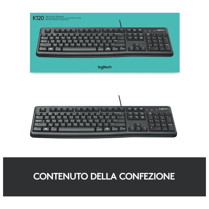 Logitech K120 Tastiera USB Cablata Full-size QWERTY Italiano Nero per Windows-Linux
