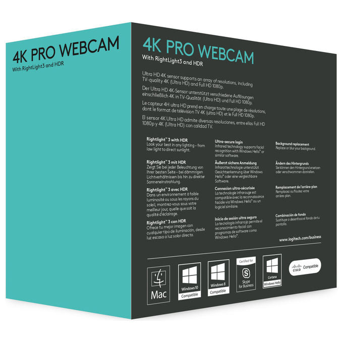 Logitech BRIO Webcam 4K Ultra HD PRO per Business, 13MP, 90fps, USB 3.2