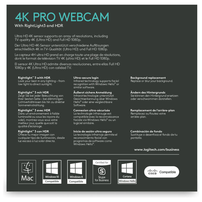 Logitech BRIO Webcam 4K Ultra HD PRO per Business, 13MP, 90fps, USB 3.2