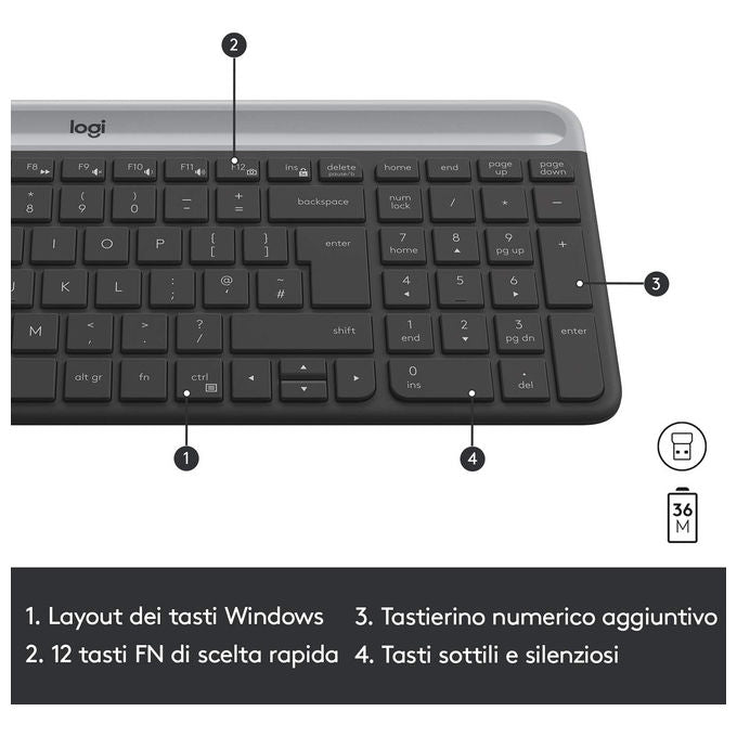 Logitech 920-009196 MK470 Kit Tastiera e Mouse Wireless Full-size QWERTY Italiano 1000 DPI colore Grafite