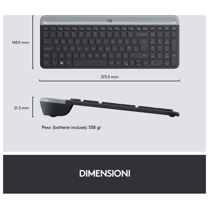 Logitech 920-009196 MK470 Kit Tastiera e Mouse Wireless Full-size QWERTY Italiano 1000 DPI colore Grafite