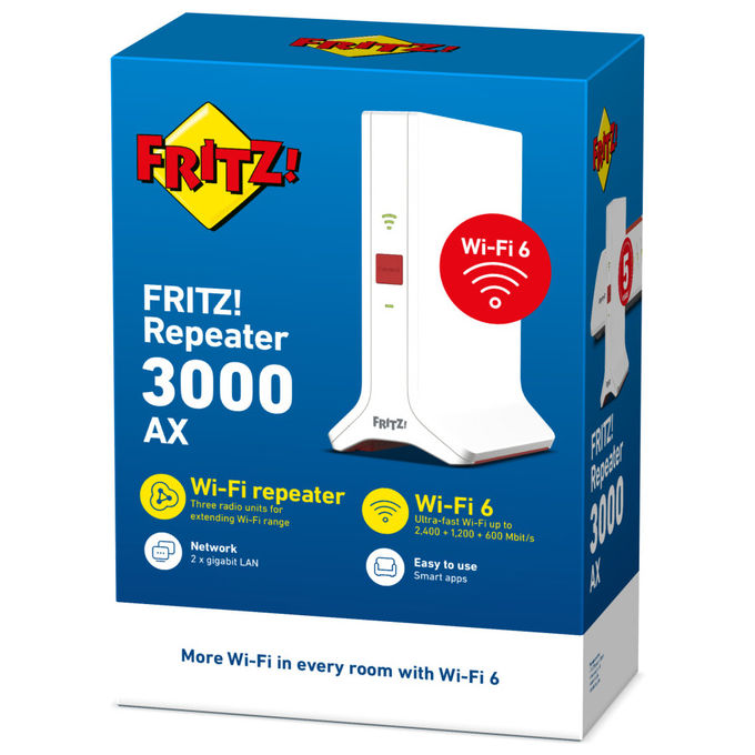 Fritz! Ripetitore 3000 Ax Edition International, Ripetitore Wi-Fi 6 Extender Triband Veloce Fino A 4.200 Mbit, S, Mesh, Access Point, 2X Gigabit Lan, Interfaccia In Italiano 20002991, Bianco