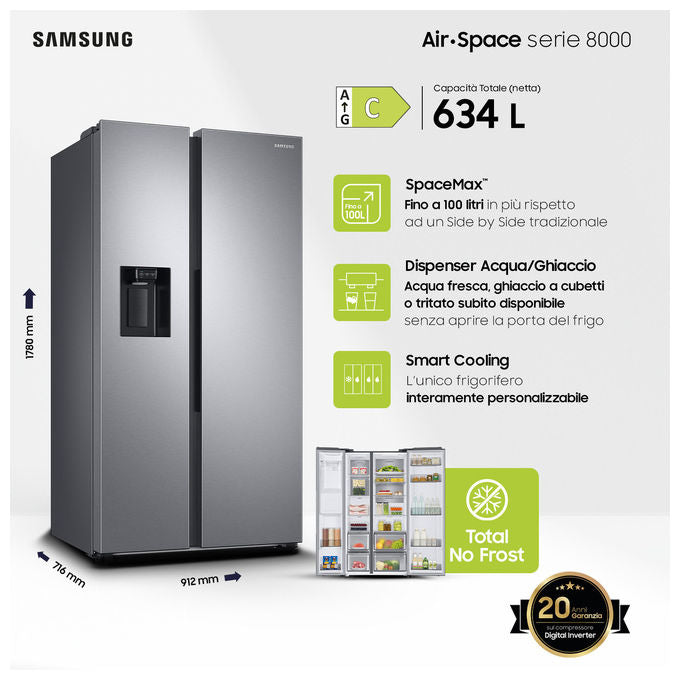 Samsung RS68A854CSL Frigorifero Side-by-Side Incasso-Libero 634 Litri Classe Energetica C Acciaio Inossidabile
