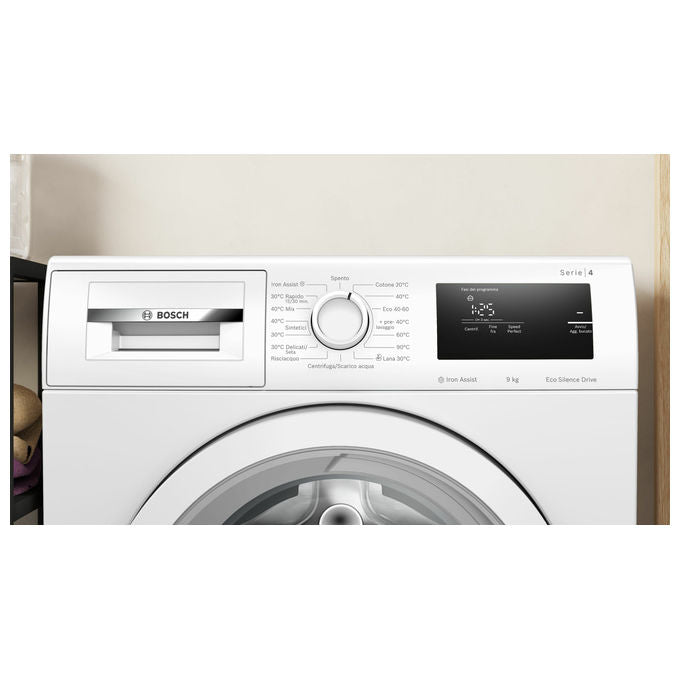 Bosch WAN24009II Serie 4 – Lavatrice a carica frontale da libera installazione 9 kg, 1200 rpm, Classe A, Iron Assist, EcoSilence Drive, ActiveWater Plus, (84,5x59,8x59,0 cm), Bianco