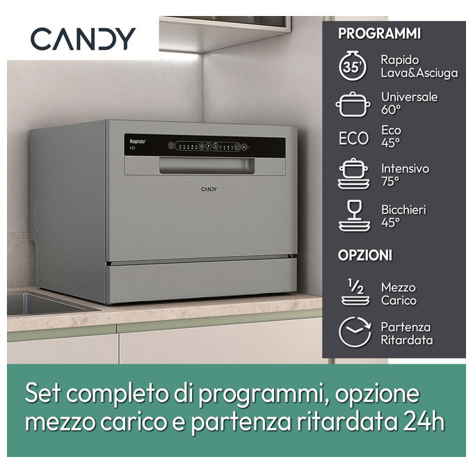 Candy RapidÓ CP 6E51LS Lavastoviglie Libera installazione 6 coperti Classe E Silver