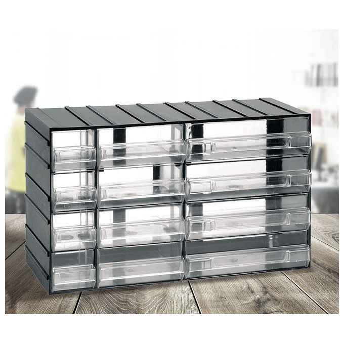 Artplast ZA1629 Serie 615 Cassettiera Modulare 12 Cassetti Trasparenti 3 Misure Assemblabile colore Nero