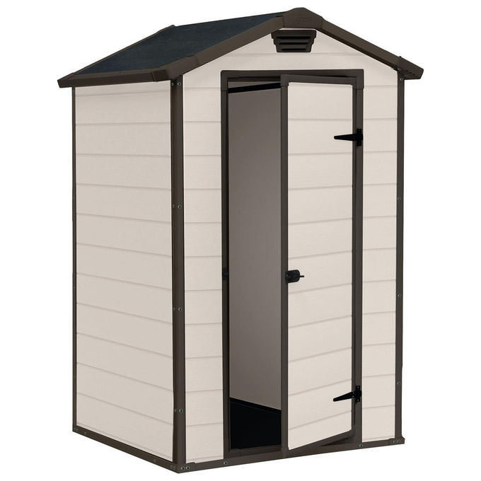 Keter K240024 Manor 4x3 Casetta da Giardino in Resina Porta Singola Tetto a Due Falde Pavimento Incluso Lucchettabile colore Beige