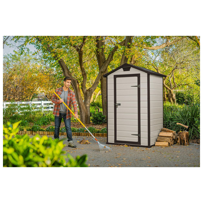 Keter K240024 Manor 4x3 Casetta da Giardino in Resina Porta Singola Tetto a Due Falde Pavimento Incluso Lucchettabile colore Beige