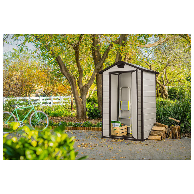 Keter K240024 Manor 4x3 Casetta da Giardino in Resina Porta Singola Tetto a Due Falde Pavimento Incluso Lucchettabile colore Beige
