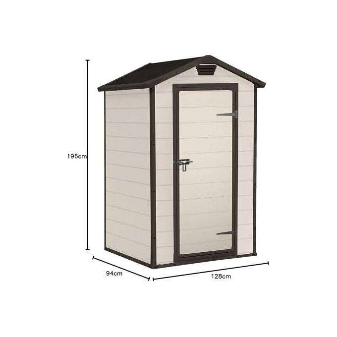 Keter K240024 Manor 4x3 Casetta da Giardino in Resina Porta Singola Tetto a Due Falde Pavimento Incluso Lucchettabile colore Beige