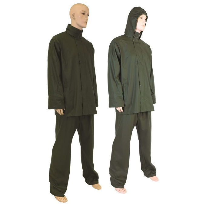 BRIXO Completo impermeabile XXL verde scuro in PU-PVC giacca con cappuccio e pantaloni