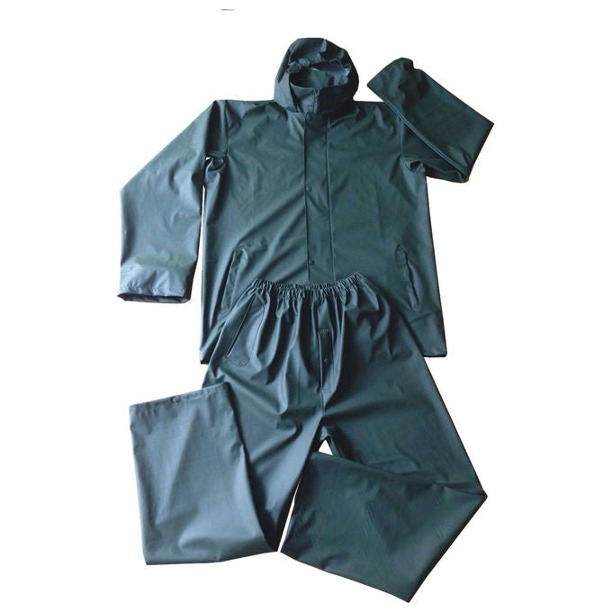 BRIXO Completo impermeabile XXL verde scuro in PU-PVC giacca con cappuccio e pantaloni