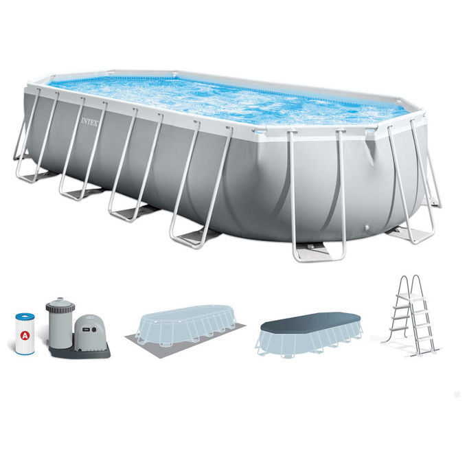 Intex 26798 Prisma Frame Piscina Fuori Terra Ovale 610x305x122 cm 18202 L con Pompa Filtro Scaletta e Telo colore Blu Grigio
