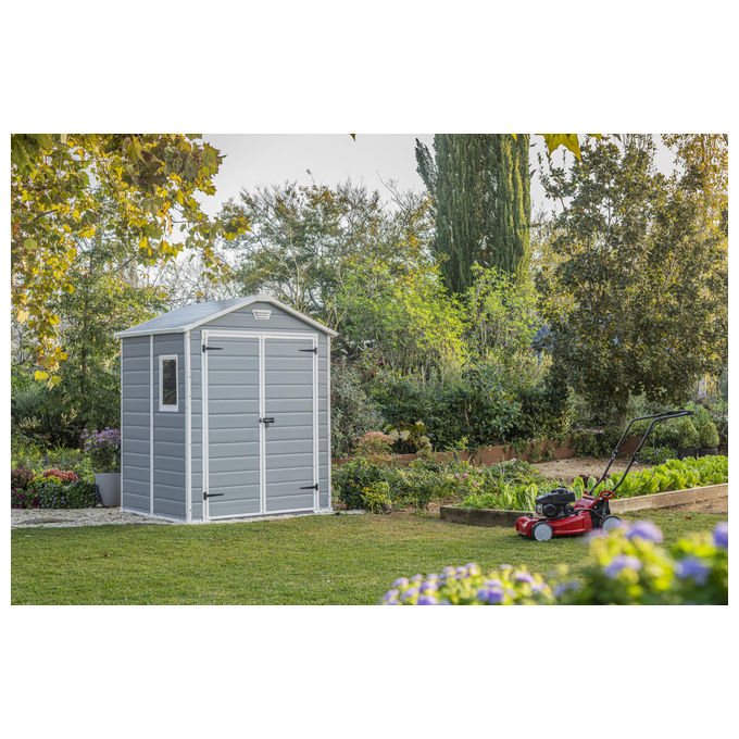 Keter K203521 Manor 6x5 Casetta da Giardino in Resina Doppia Porta Finestra Laterale Pavimento Incluso 185x152x226 cm colore Grigio
