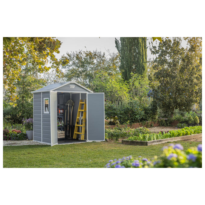 Keter K203521 Manor 6x5 Casetta da Giardino in Resina Doppia Porta Finestra Laterale Pavimento Incluso 185x152x226 cm colore Grigio