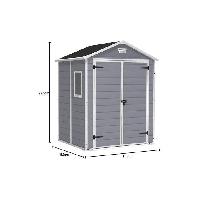 Keter K203521 Manor 6x5 Casetta da Giardino in Resina Doppia Porta Finestra Laterale Pavimento Incluso 185x152x226 cm colore Grigio
