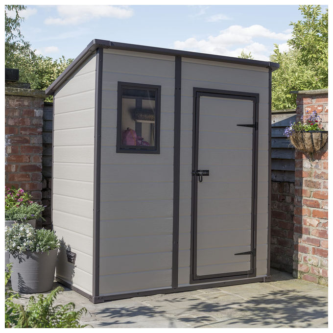 Keter 229790 Manor Pent Casetta da Giardino Addossata in Resina 183.5x111x200.5 cm Pavimento Incluso Lucchettabile colore Beige