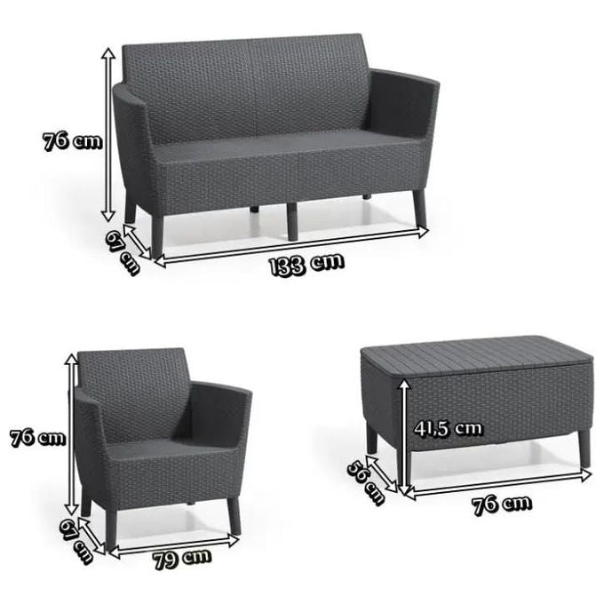 Keter Set da Giardino Salemo Lounge Composto da 2 Poltrone, Divano a 2 Posti e Tavolino, Grafite