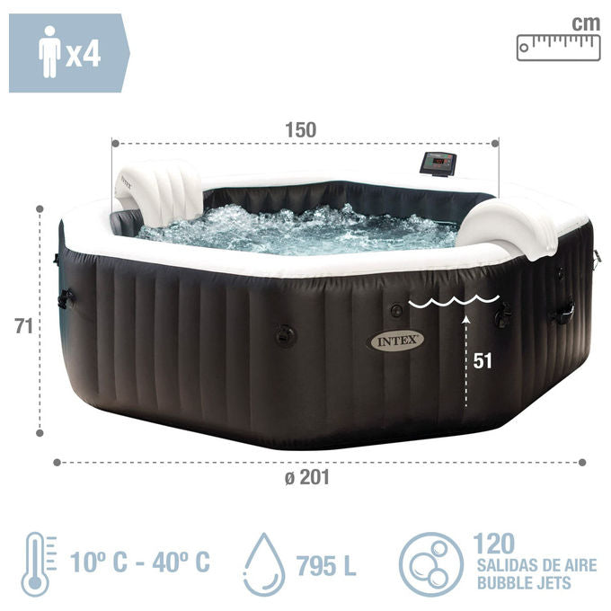 Intex Pure Spa Bubble E Jet Massage Deluxe Ottagonale 201X71 Cm 4 Posti Con Pompa, Riscaldatore, Sistema Purificazione Acqua, Clorinatore, 2 Poggia Testa, I,1