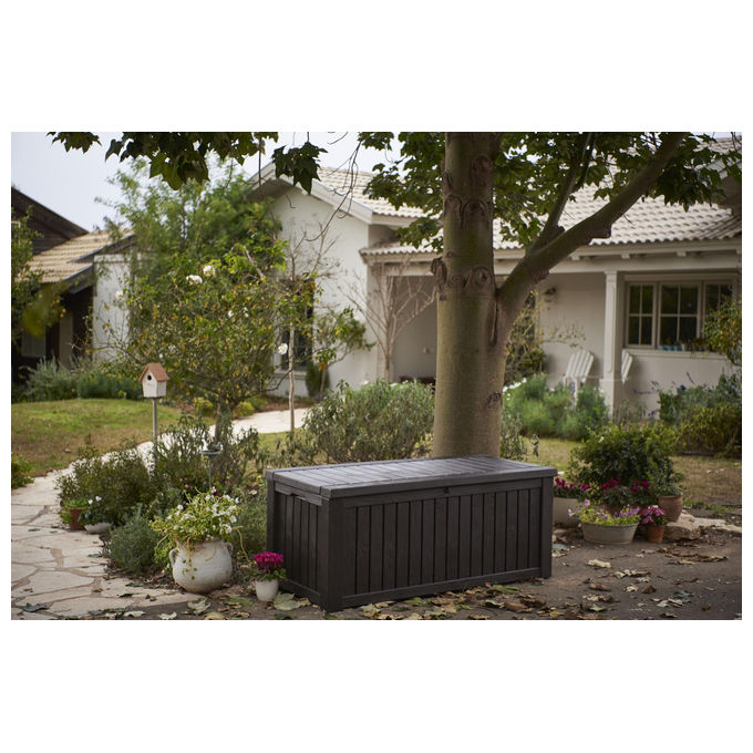 Keter 17197729 Rockwood Baule da Giardino in Resina 570 L Panca Esterna Pistoni a Gas colore Marrone