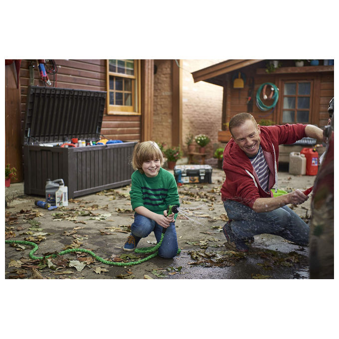 Keter 17197729 Rockwood Baule da Giardino in Resina 570 L Panca Esterna Pistoni a Gas colore Marrone