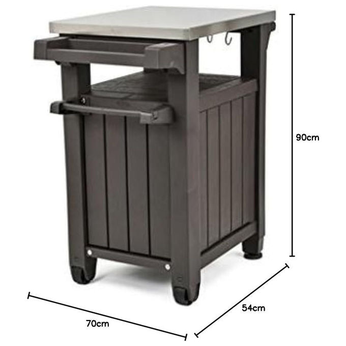 Keter 230850 Unity Tavolino da Esterno per Barbecue Piano Acciaio Inox 304 con Ruote 70x54x90 cm colore Grafite