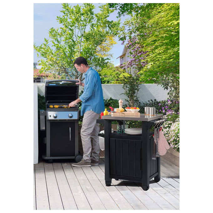 Keter 230850 Unity Tavolino da Esterno per Barbecue Piano Acciaio Inox 304 con Ruote 70x54x90 cm colore Grafite