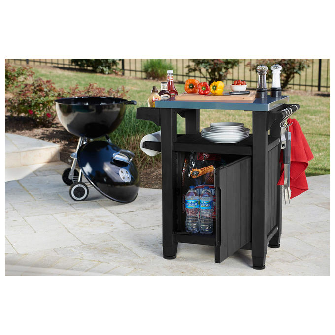 Keter 230850 Unity Tavolino da Esterno per Barbecue Piano Acciaio Inox 304 con Ruote 70x54x90 cm colore Grafite