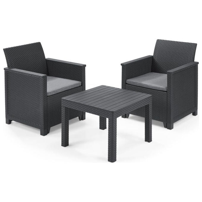 Keter Emma Set da Balcone Rattan Grafite Tavolino e Due Sedie con Cuscini